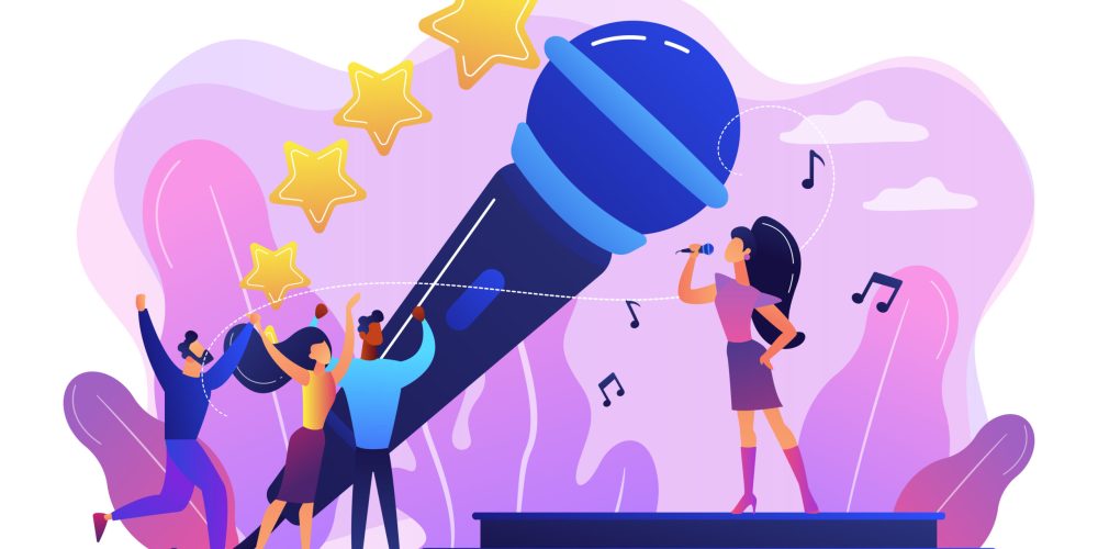 Famous pop singer near huge microphone singing and tiny people dancing at concert. Popular music, pop music industry, top chart artist concept. Bright vibrant violet vector isolated illustration